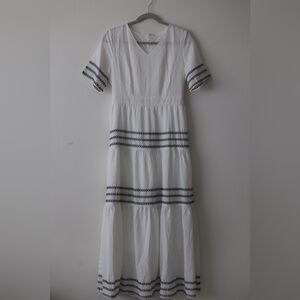 Petallush MIDI Dress NWOT - White v neck with black stripes and back zipper/sash